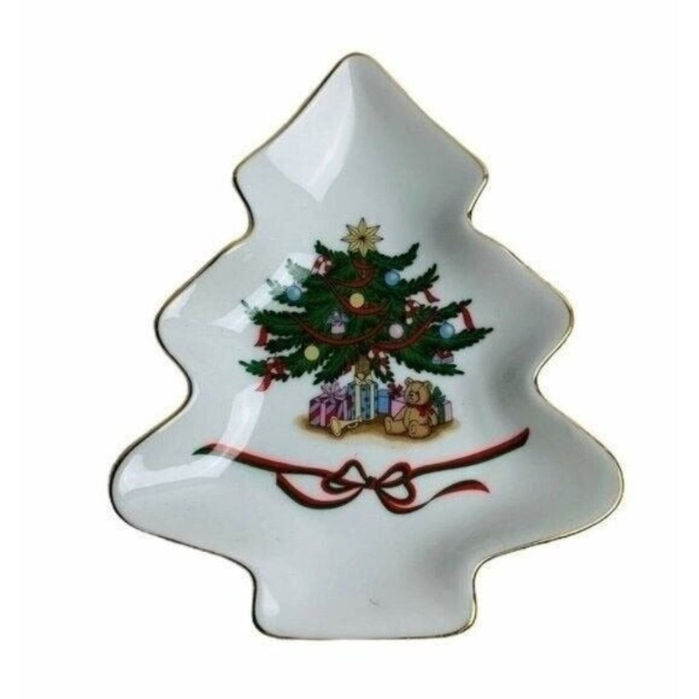 Sanyei Candy Dish Christmas Tree White Gold Trim Made in Japan Presents Holiday